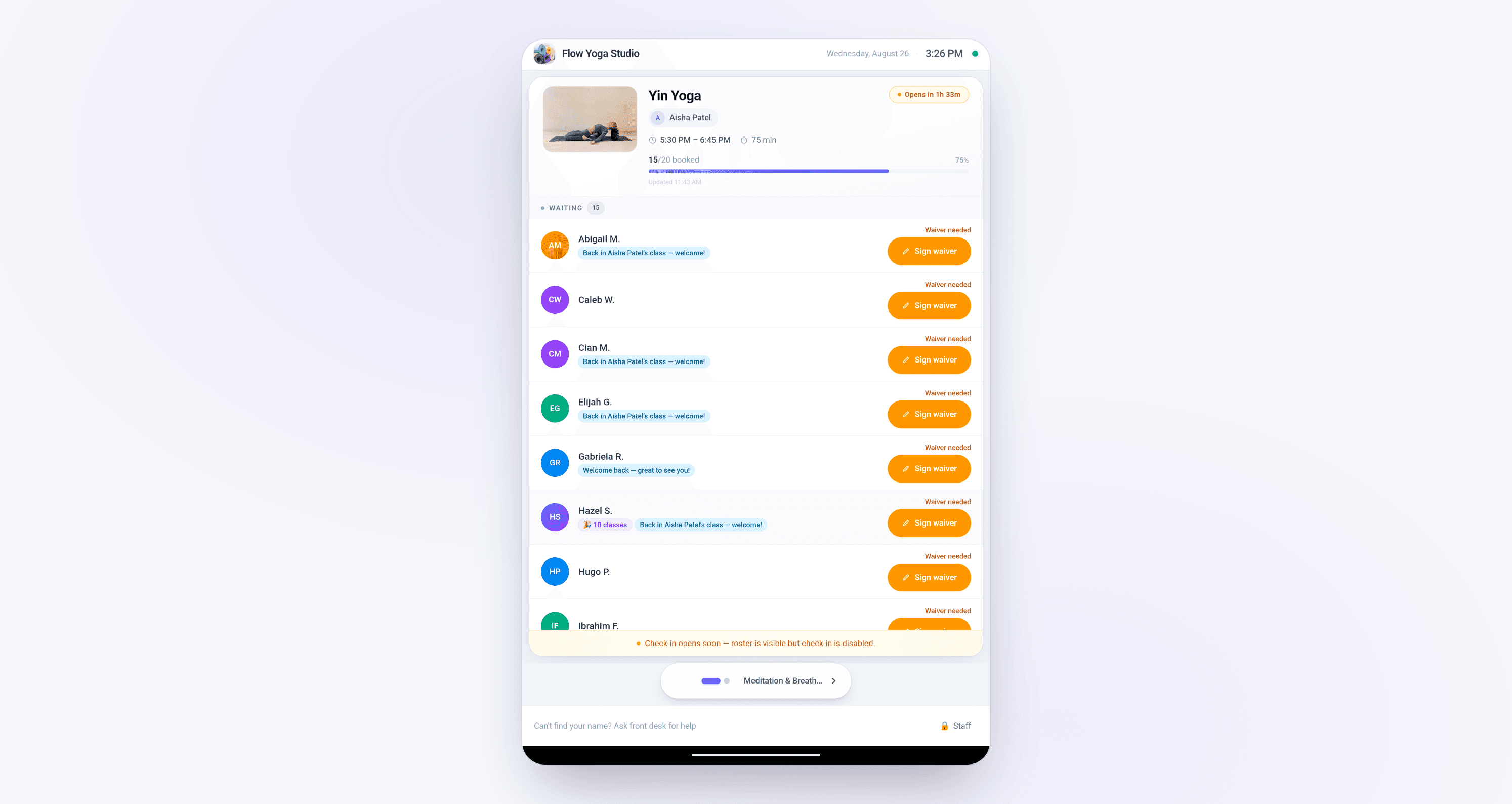 Self-serve check-in kiosk with a roster and waiver prompts