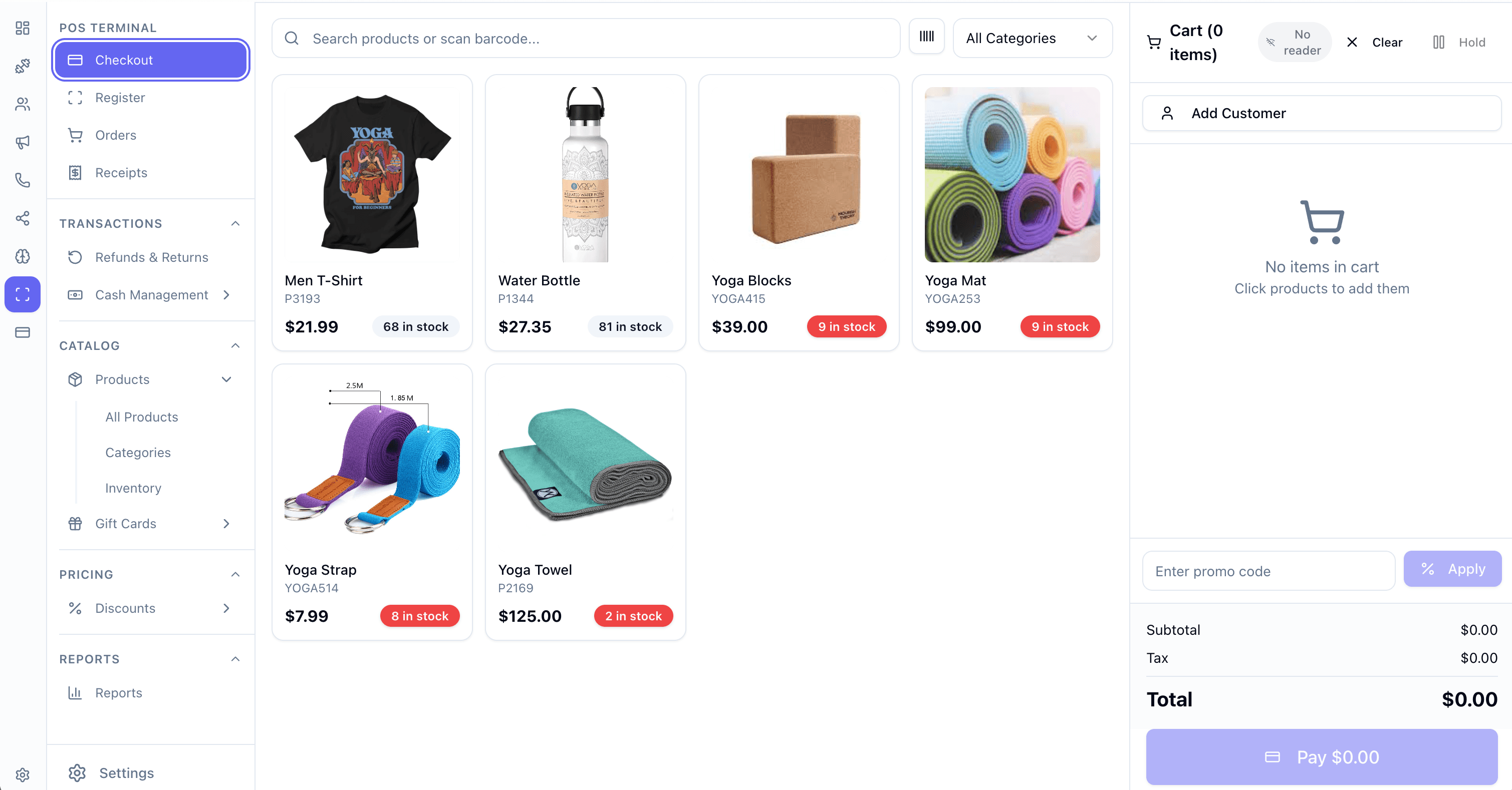 Point of sale with products, stock levels and a cart