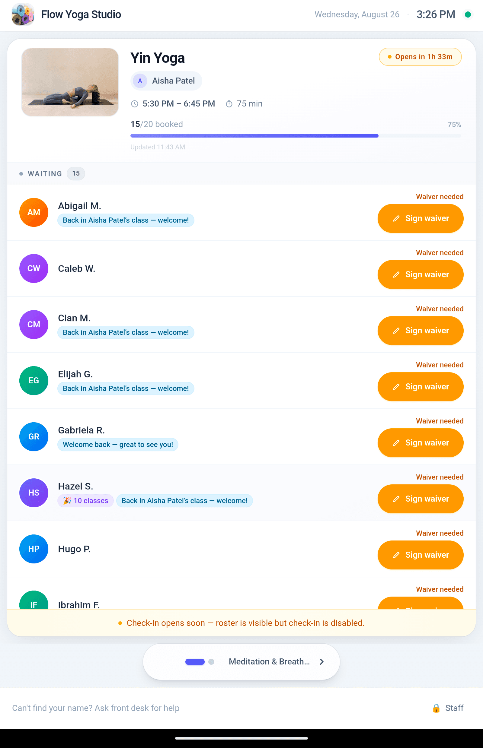 Kiosk check-in roster with live class capacity and waiver signing prompts