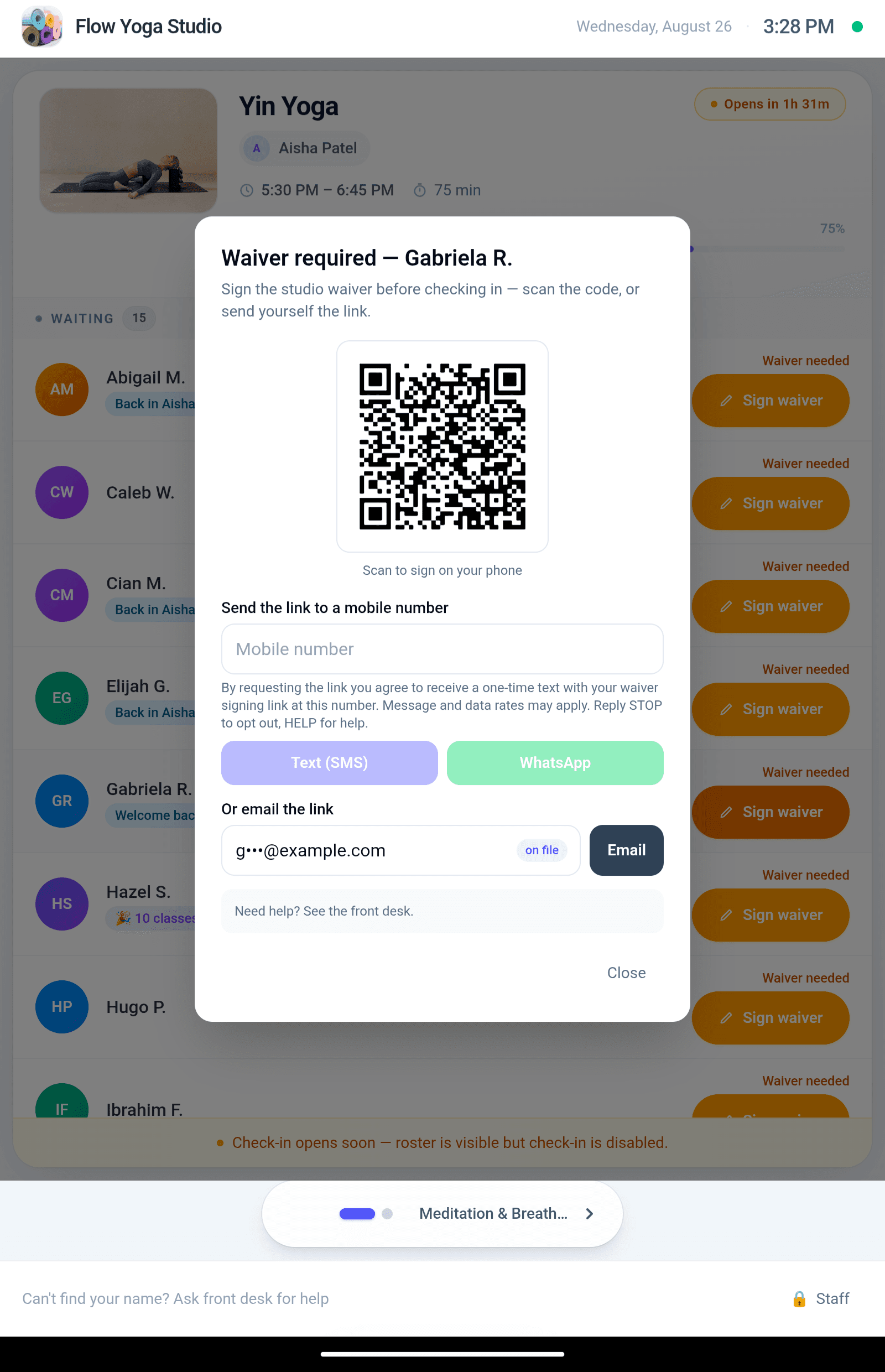 Waiver signing dialog with QR code and options to send the signing link by SMS, WhatsApp, or email