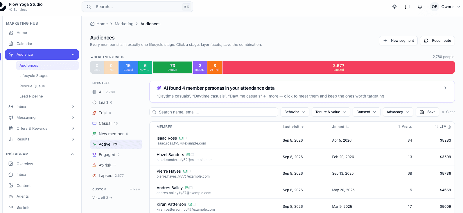 Audiences with every member placed in one lifecycle stage, visits and lifetime value