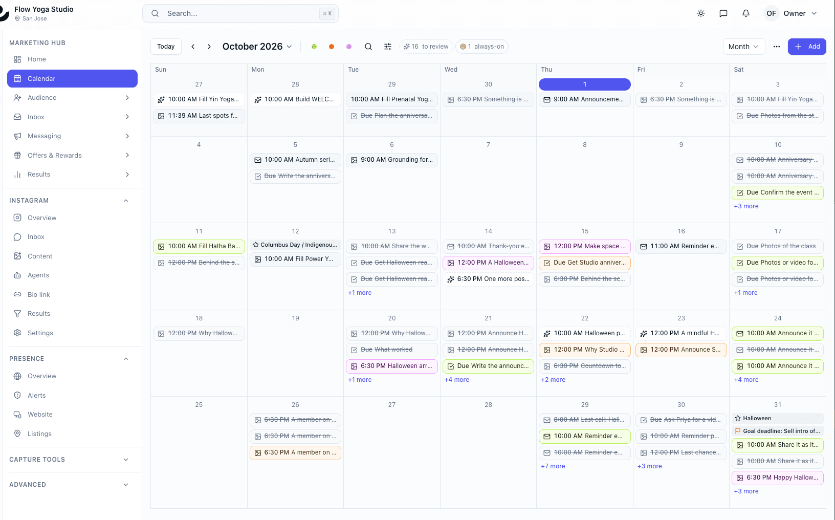 Marketing calendar for a month with scheduled posts, emails, texts and the tasks behind them