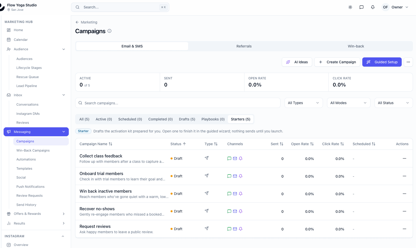 Campaigns list with ready-made starters for win-back, no-shows, trials and reviews