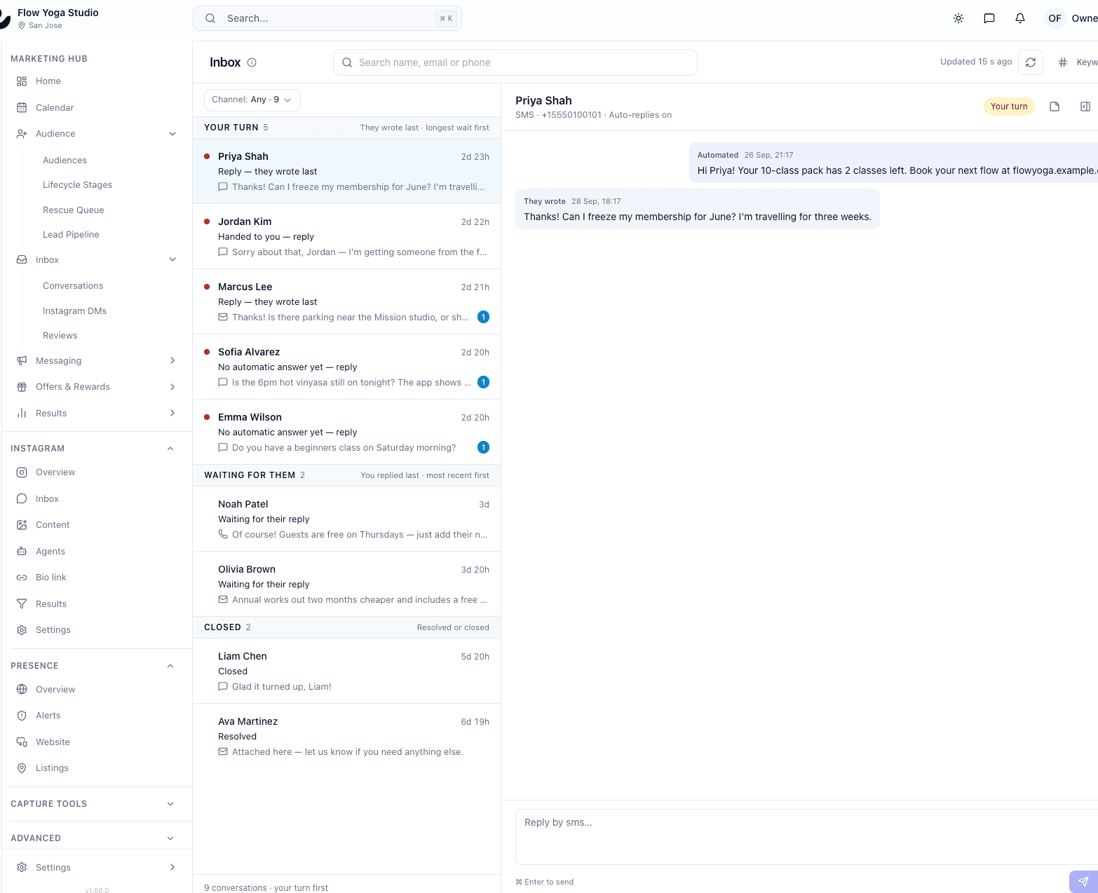 Unified inbox sorted by your turn, waiting for them, and closed